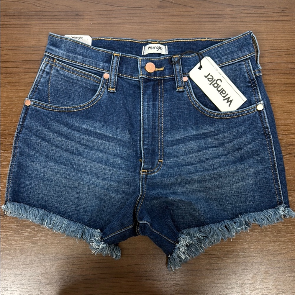 Wrangler Dark Blue Frayed Denim Shorts